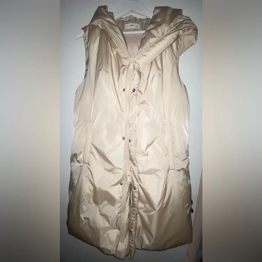 MANGO MNG Hooded Long Puffer Vest women’s Small S champagne double front zipper - Picture 15 of 16